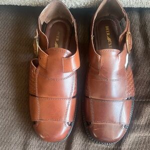 Deer Stags Brown Leather Sandals with Woven Design